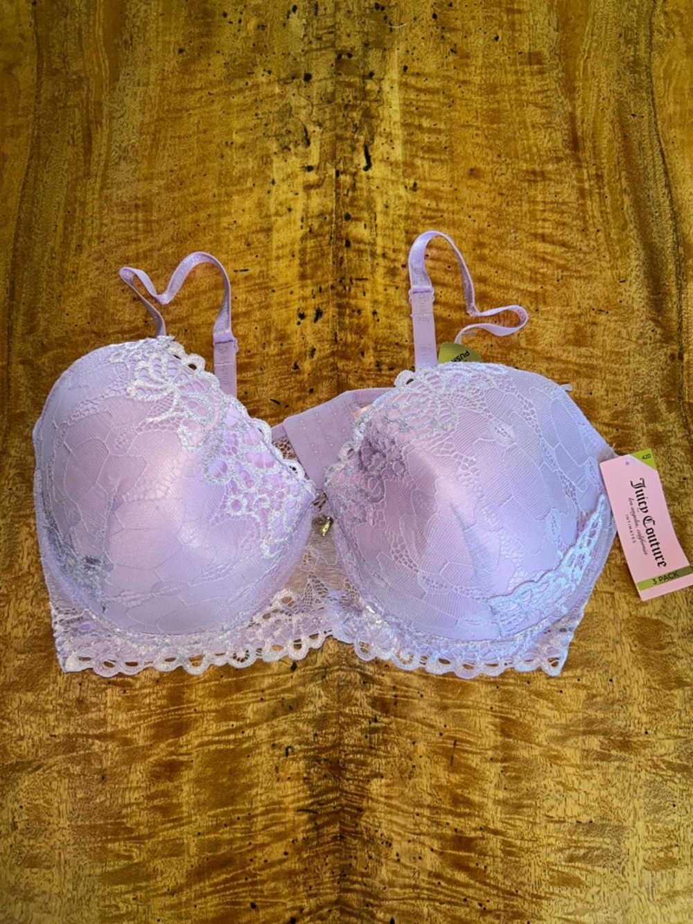 NWT Juicy Couture Lilac Lace Sexy Push-Up Bra, Sz 42D